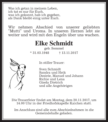 Traueranzeige von Elke Schmidt von Wetterauer Zeitung, Wetterauer Zeitung