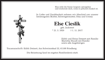 Traueranzeige von Else Cieslik von Wetterauer Zeitung, Wetterauer Zeitung