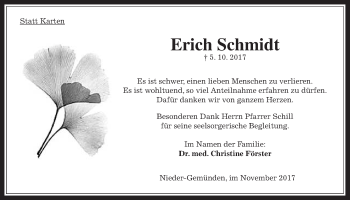 Traueranzeige von Erich Schmidt von Alsfelder Allgemeine