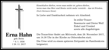 Traueranzeige von Erna Hahn von Giessener Allgemeine, Alsfelder Allgemeine