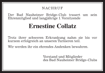 Traueranzeige von Ernestine Collatz von Wetterauer Zeitung, Wetterauer Zeitung