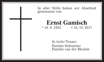 Traueranzeige von Ernst Gamisch von Giessener Allgemeine, Alsfelder Allgemeine