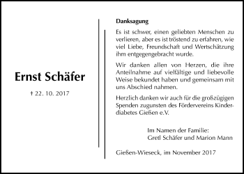 Traueranzeige von Ernst Schäfer von Giessener Allgemeine, Alsfelder Allgemeine