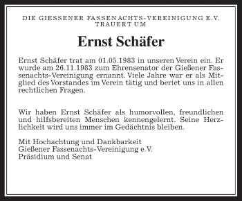 Traueranzeige von Ernst Schäfer von Giessener Allgemeine, Alsfelder Allgemeine