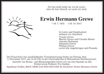 Traueranzeige von Erwin Hermann Grewe von Giessener Allgemeine, Alsfelder Allgemeine