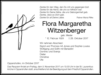 Traueranzeige von Flora Margaretha Witzenberger von Wetterauer Zeitung, Wetterauer Zeitung