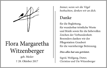 Traueranzeige von Flora Margaretha Witzenberger von Wetterauer Zeitung, Wetterauer Zeitung
