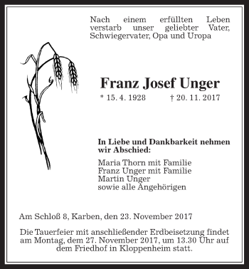 Traueranzeige von Franz Josef Unger von Wetterauer Zeitung