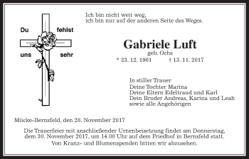 Traueranzeige von Gabriele Luft von Giessener Allgemeine, Alsfelder Allgemeine