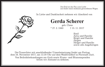 Traueranzeige von Gerda Scherer von Wetterauer Zeitung, Wetterauer Zeitung
