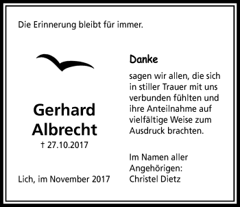 Traueranzeige von Gerhard Albrecht von Licher Wochenblatt, Licher Wochenblatt, Licher Wochenblatt