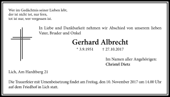 Traueranzeige von Gerhard Albrecht von Licher Wochenblatt, Licher Wochenblatt, Licher Wochenblatt