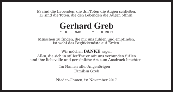 Traueranzeige von Gerhard Greb von Alsfelder Allgemeine