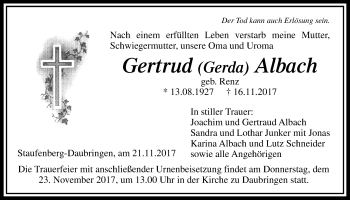 Traueranzeige von Gertrud Albach von Giessener Allgemeine, Alsfelder Allgemeine
