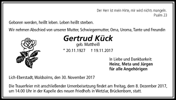 Traueranzeige von Gertrud Kück von Licher Wochenblatt, Licher Wochenblatt, Licher Wochenblatt