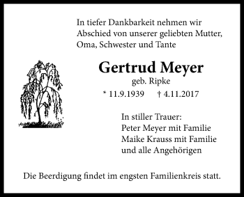 Traueranzeige von Gertrud Meyer von Licher Wochenblatt, Licher Wochenblatt, Licher Wochenblatt