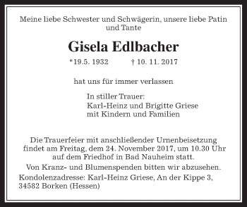 Traueranzeige von Gisela Edlbacher von Wetterauer Zeitung, Wetterauer Zeitung