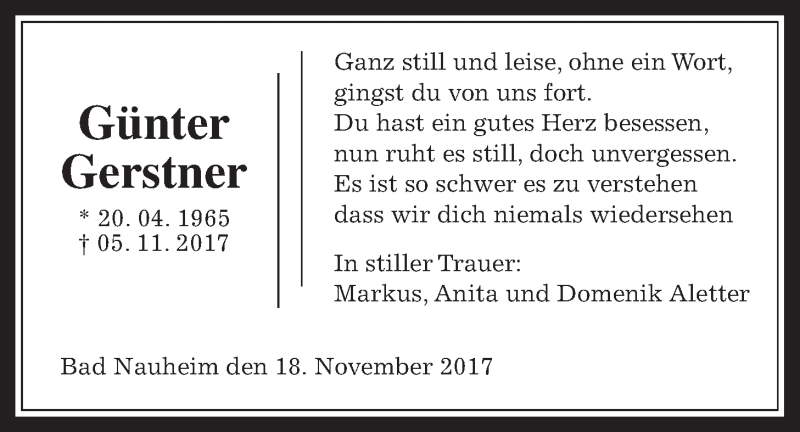  Traueranzeige für Günter Gerstner vom 18.11.2017 aus Wetterauer Zeitung, Wetterauer Zeitung