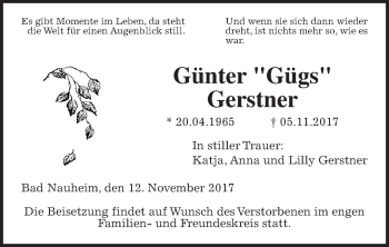 Traueranzeige von Günter Gerstner von Wetterauer Zeitung, Wetterauer Zeitung