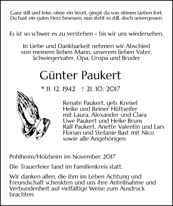 Traueranzeige von Günter Paukert von Pohlheimer Nachrichten