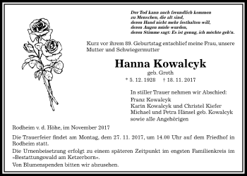 Traueranzeige von Hanna Kowalcyk von Wetterauer Zeitung, Wetterauer Zeitung