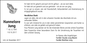 Traueranzeige von Hannelore Jung von Licher Wochenblatt, Licher Wochenblatt, Licher Wochenblatt