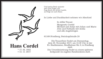 Traueranzeige von Hans Cordel von Wetterauer Zeitung, Wetterauer Zeitung