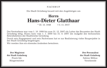 Traueranzeige von Hans-Dieter Glatthaar von Heimatzeitung Grünberg + Laubach, Laubacher Anzeiger
