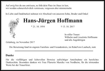 Traueranzeige von Hans-Jürgen Hoffmann von Heimatzeitung Grünberg + Laubach, Laubacher Anzeiger