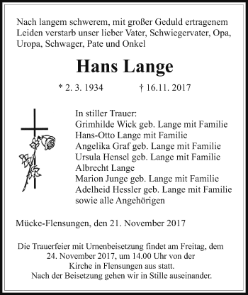 Traueranzeige von Hans Lange von Giessener Allgemeine, Alsfelder Allgemeine