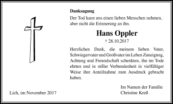 Traueranzeige von Hans Oppler von Licher Wochenblatt, Licher Wochenblatt, Licher Wochenblatt