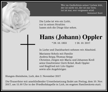 Traueranzeige von Hans Oppler von Giessener Allgemeine, Alsfelder Allgemeine