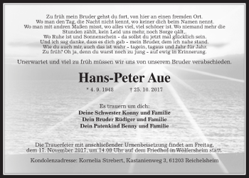 Traueranzeige von Hans-Peter Aue von Wetterauer Zeitung, Wetterauer Zeitung