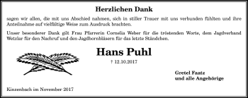 Traueranzeige von Hans Puhl von Giessener Allgemeine, Alsfelder Allgemeine