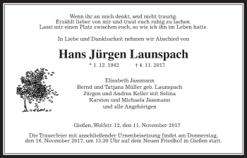 Traueranzeige von Hans Jürgen Launspach von Giessener Allgemeine, Alsfelder Allgemeine