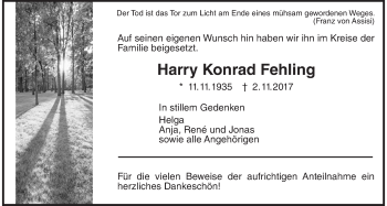 Traueranzeige von Harry Konrad Fehling von Giessener Allgemeine, Alsfelder Allgemeine