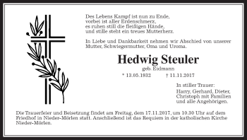 Traueranzeige von Hedwig Steuler von Wetterauer Zeitung, Wetterauer Zeitung