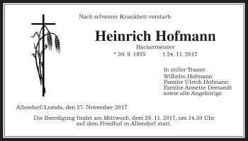 Traueranzeige von Heinrich Hofmann von Giessener Allgemeine, Alsfelder Allgemeine