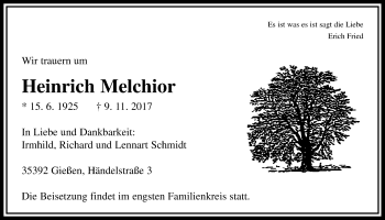 Traueranzeige von Heinrich Melchior von Giessener Allgemeine, Alsfelder Allgemeine