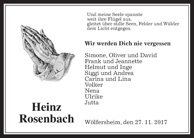  Traueranzeige für Heinz Rosenbach vom 27.11.2017 aus Wetterauer Zeitung, Wetterauer Zeitung