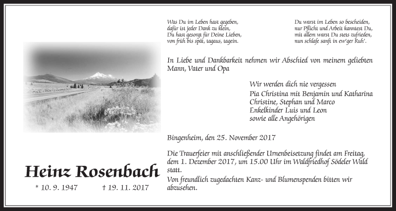  Traueranzeige für Heinz Rosenbach vom 25.11.2017 aus Wetterauer Zeitung, Wetterauer Zeitung