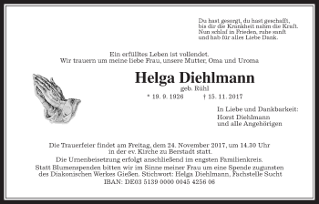 Traueranzeige von Helga Diehlmann von Giessener Allgemeine, Alsfelder Allgemeine, Wetterauer Zeitung, Wetterauer Zeitung
