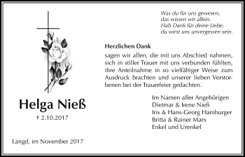 Traueranzeige von Helga Nieß von Licher Wochenblatt, Licher Wochenblatt, Licher Wochenblatt