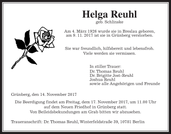 Traueranzeige von Helga Reuhl von Giessener Allgemeine, Alsfelder Allgemeine