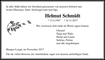 Traueranzeige von Helmut Schmidt von Licher Wochenblatt, Licher Wochenblatt, Licher Wochenblatt