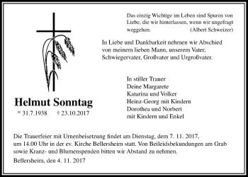 Traueranzeige von Helmut Sonntag von Giessener Allgemeine, Alsfelder Allgemeine