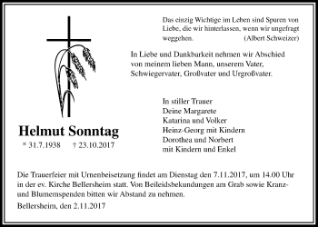 Traueranzeige von Helmut Sonntag von Licher Wochenblatt, Licher Wochenblatt, Licher Wochenblatt