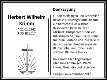 Traueranzeige von Herbert Wilhelm Krimm von Licher Wochenblatt, Licher Wochenblatt, Licher Wochenblatt