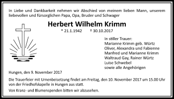 Traueranzeige von Herbert Wilhelm Krimm von Licher Wochenblatt, Licher Wochenblatt, Licher Wochenblatt