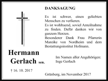 Traueranzeige von Hermann Gerlach von Giessener Allgemeine, Alsfelder Allgemeine